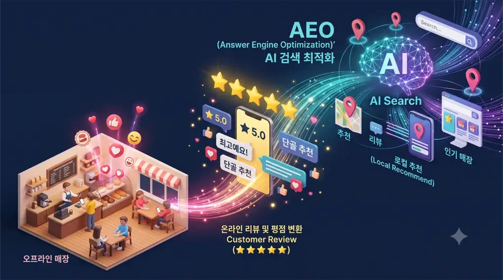 오프라인 고객 경험이 온라인 리뷰와 AI 검색 네트워크로 변환되는 개념도